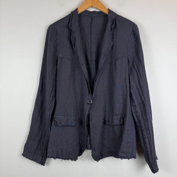 Made In Italy 100% Linen Jacket Womens Large Blue One-Button Raw Hem Lightweight - Picture 1 of 7